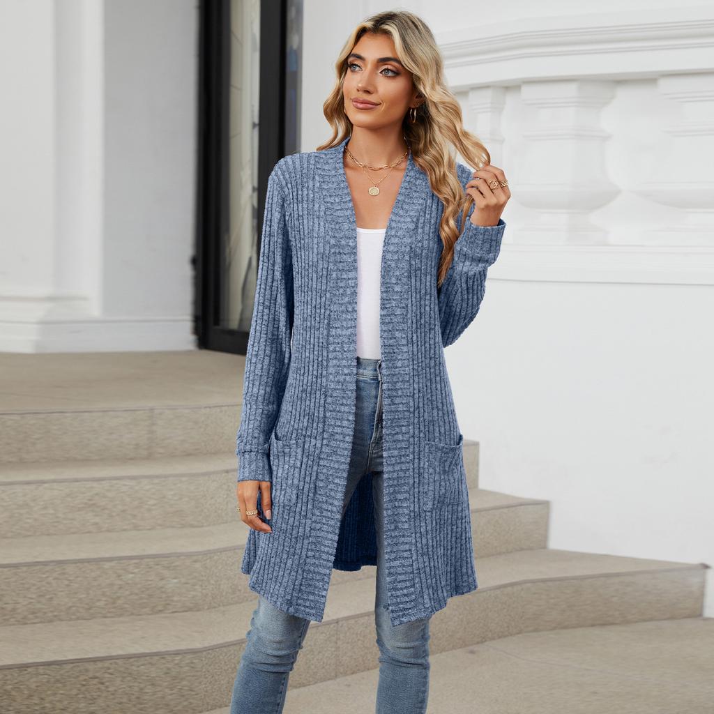 Autumn and Winter Women's Long Solid Colour Long Sleeve Loose Pocket Cardigan Jacket