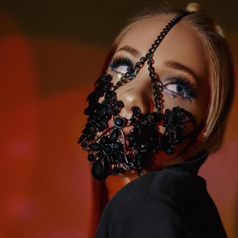 Geometric Rhinestone Mask Exaggerated Halloween Black Mask Party Accessories Female Mask Gun black