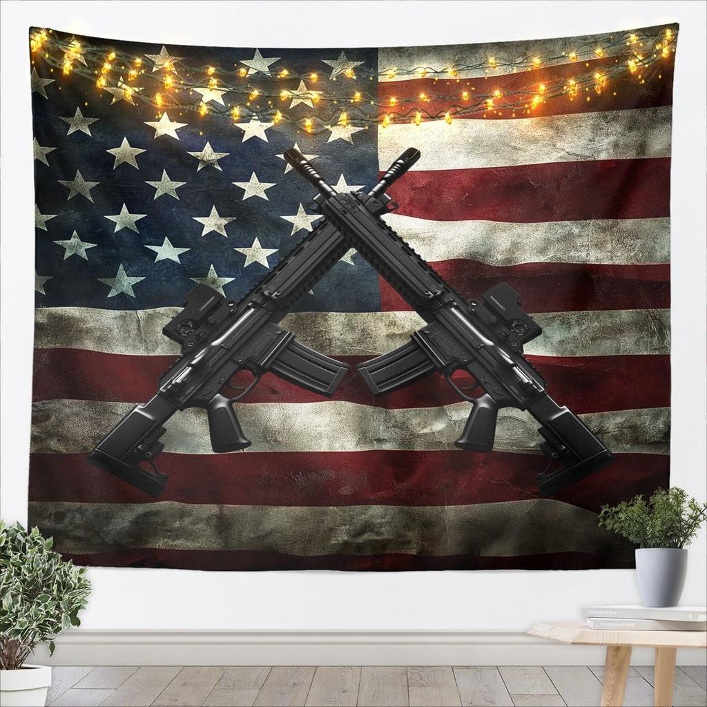 American Flag Tapestry Kids Machine Gun Tapestry AestheticBlack and White Geometric Stars Stripe Wall Hanging Bedroom Decor for
