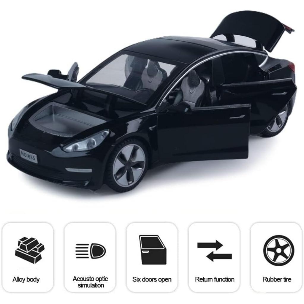 1/32 Scale Tesla Model 3 Alloy Car Model Diecast Toy Vehicles,Pull Back Alloy Car with Lights and Music,Mini Vehicles Toys for Kids Gift