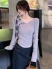 Chic Grey One-Shoulder Knit Top for Women - Sweet & Spicy Early Autumn Style, Long-Sleeve with Bowknot