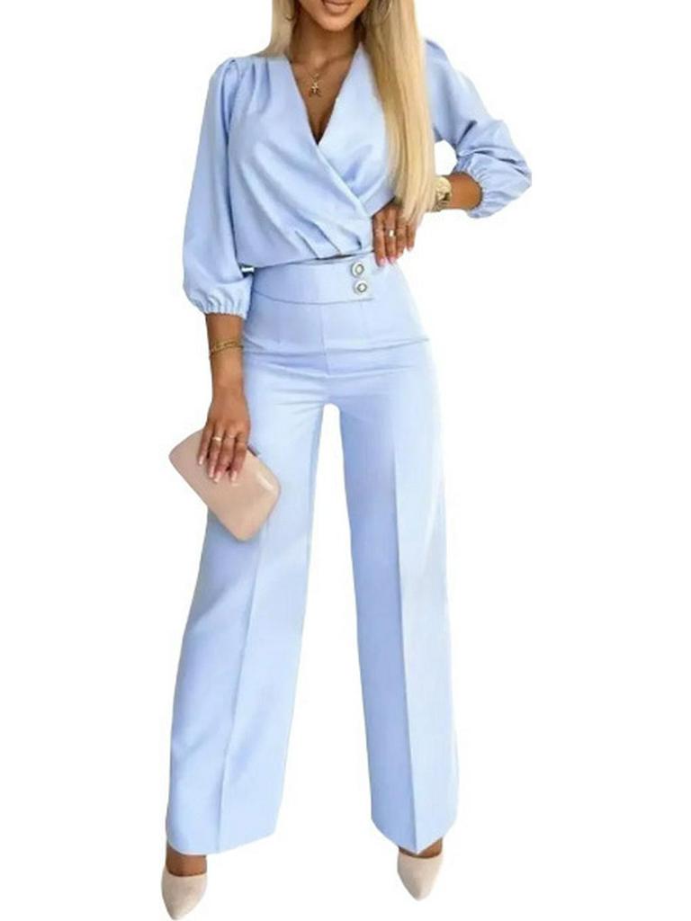 2025 Women's Solid Color V-neck Two-Button 2-Piece Pants Set