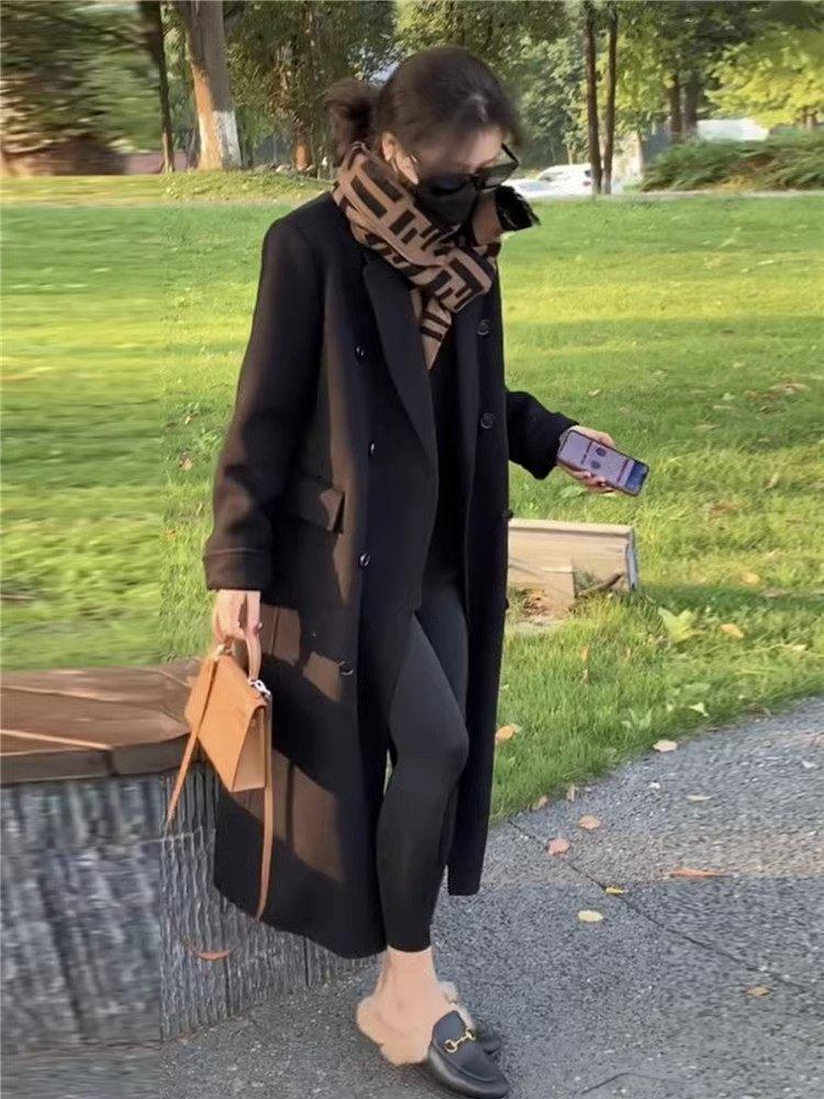 

Women s Black Double-Sided Cashmere Coat - Autumn/Winter 2324 Woolen Regular Shoulder Outerwear XS 80-95 lbs