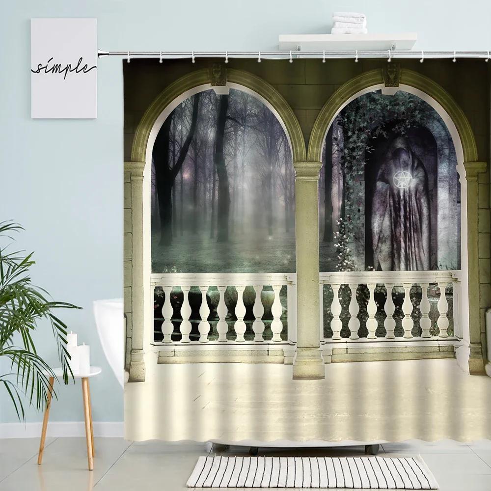 Winter Forest Scenery Shower Curtain Trees Snow Arched Doors Windows Natural Scenery Bathroom Decor With Hook Waterproof Screen