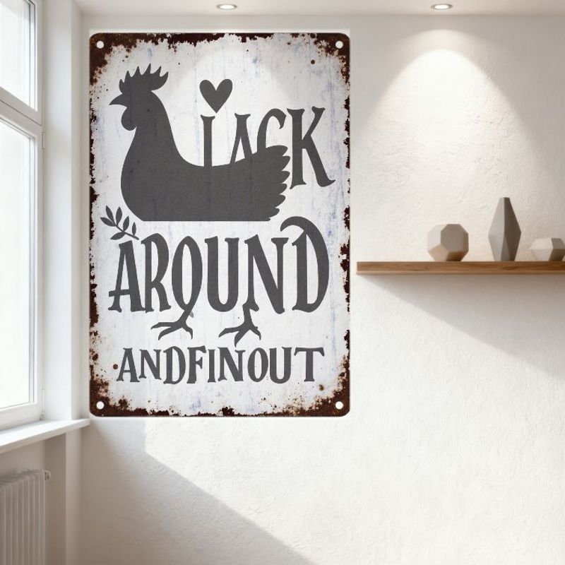 Vintage Metal Tin Sign Rustic Chicken Rooster Heart Above Head 'JACK AROUND AND FINOUT' Distressed Rusty Edges Wall Decor for Ho