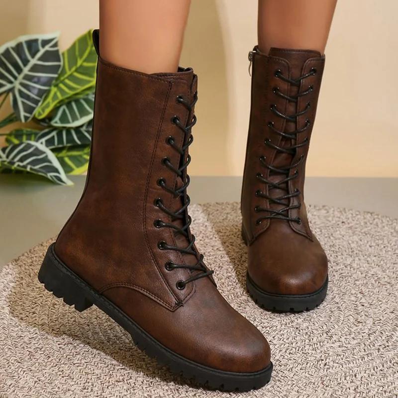 Fashion Lace Up Zipper Boots for Women Autumn Winter 2025 Solid Platform Modern Boots Woman Square Heel