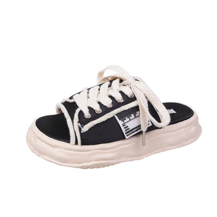 

Ugly cute canvas slippers women s outerwear 2025 summer new one-character sandals tide and casual dissolving thick-soled slippers 35 чёрный