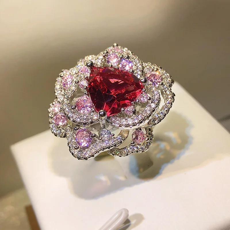 

Luxurious Rose Red Stone Flower Silver Wedding Ring Exquisite Ruby Cubic Zirconia Ring for Women Party Wedding Gift resizable біле золото кольору
