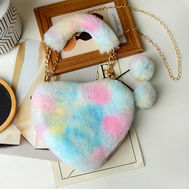 

Tie-dye imitation rabbit hair love bag shoulder messenger bag plush handbag colorful heart-shaped fur bag versatile