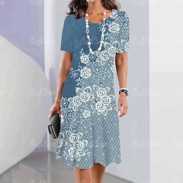 Urlaub Kurzarm T-Shirt Kleid Damen 3D Druck Locker Übergröße Strandkleider