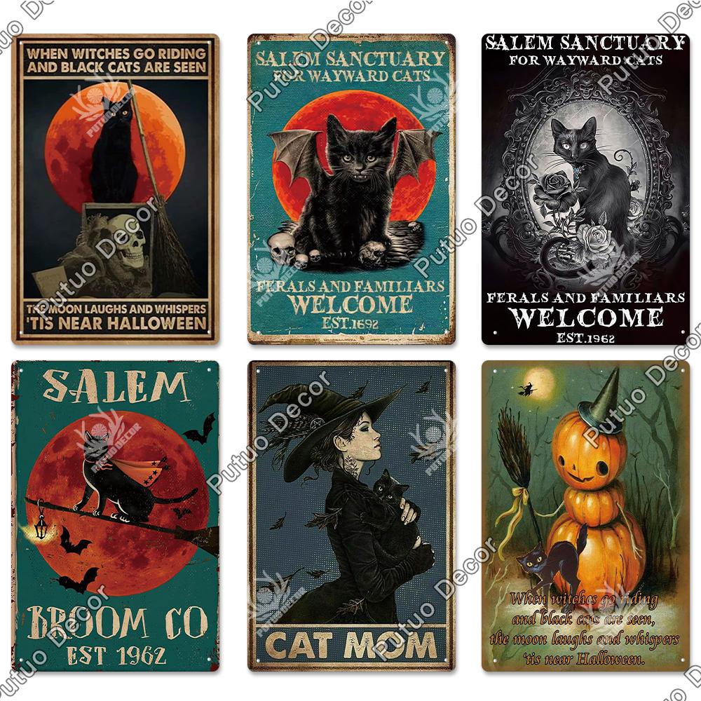 Putuo Decor Halloween Schwarze Katze Vintage Metallschild Plakette Metall Vintage Blechschild für Wohnzimmer Tür Tierhandlung Wanddekoration