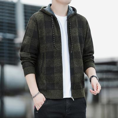 Herbst Herren Karierter Strickpullover Kapuzen-Cardigan Warmer Mantel Trendige Reißverschlussjacke Fleece-Bluse Winter Herren-Cardigan
