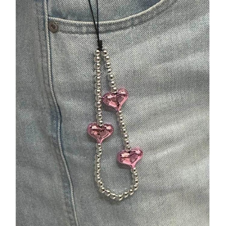 Round Beaded Heart Phone Strap Backpack Pendant Phone Chain Sweet Decors