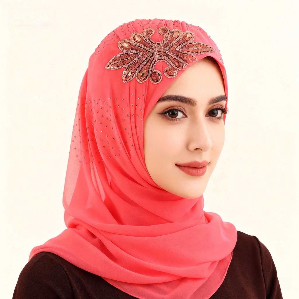 Luxury Rhinestone Chiffon Hijab Scarf Women Muslim Crystal Diamond Headscarf White Wedding Shawl Embroidered Beaded Turban Wrap
