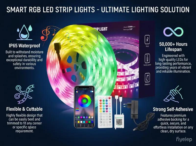 12V RGB Bluetooth 5050 LED Strip Light Set, 44-Key Remote & App Music Sync, Seven-Color Atmosphere Lighting for Bedroom