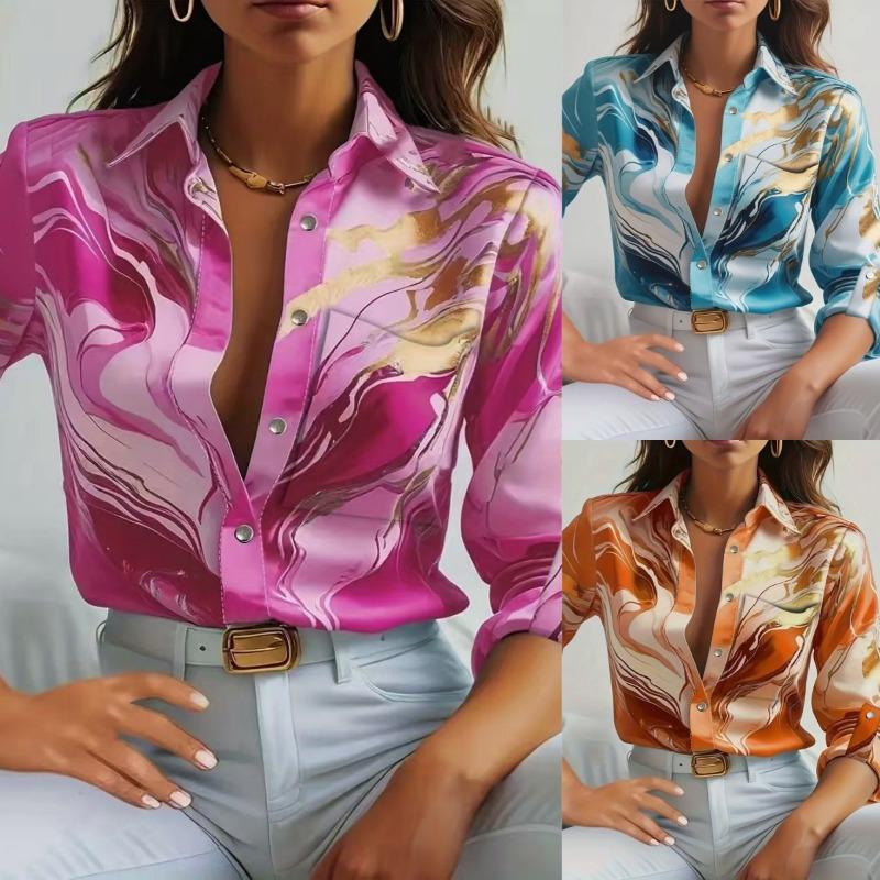 women marble print satin shirt collared long sleeve casual slim fit blouse