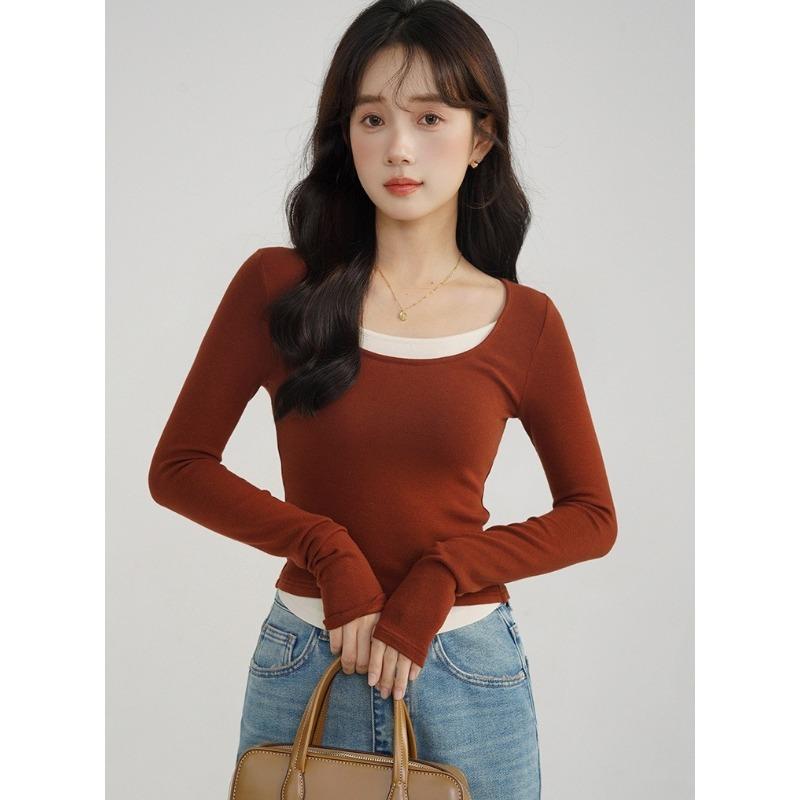 

Новая поддельная футболка с длинным рукавом и двумя U-образными вырезами для женщин на осень и зиму, с милым темпераментом, маленькая облегающая футболка для похудения, верхняя часть рубашки One size