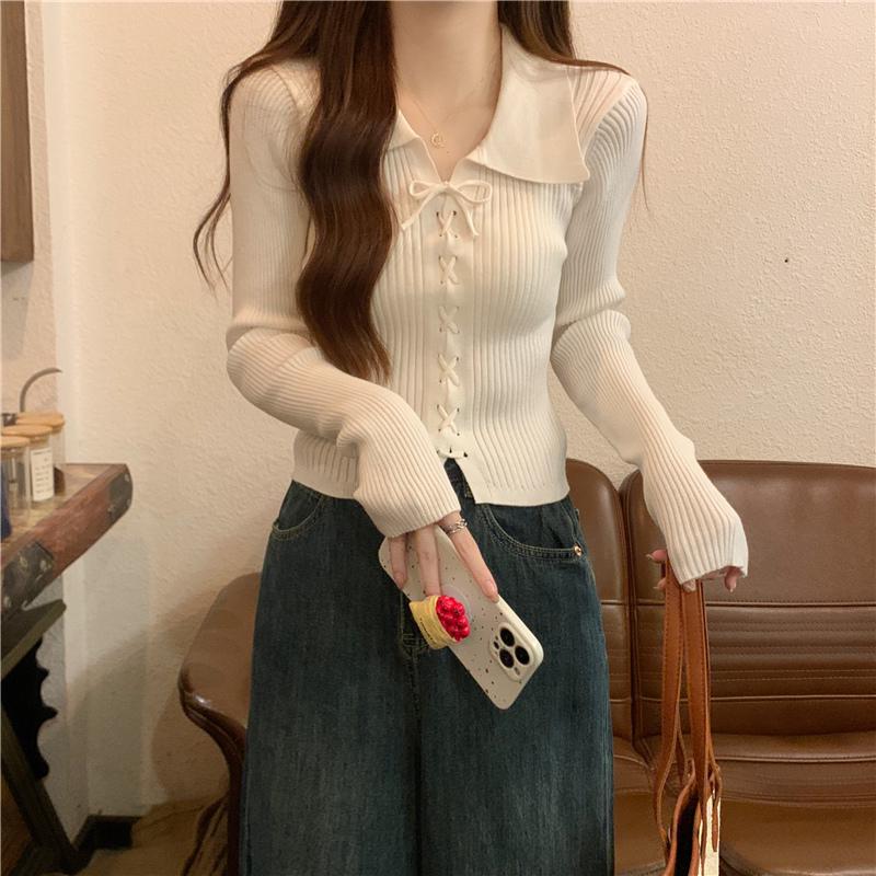 Polo Collar Long Sleeve Knitted Slim Petite Sweater for Women - Early Autumn Collection