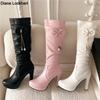 Autumn Winter Zipper Knee High Boots Women Fashion White Stiletto Heel Long Boots Bow Chain Bead Shoes Large Size 32-43 Black