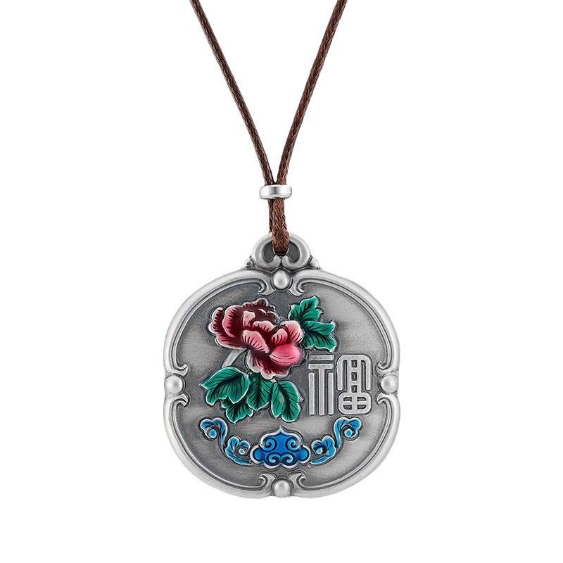Retro 999 Sterling Silver Enamel Phoenix & Peony Pendant - Unisex Chinese Style Ornament