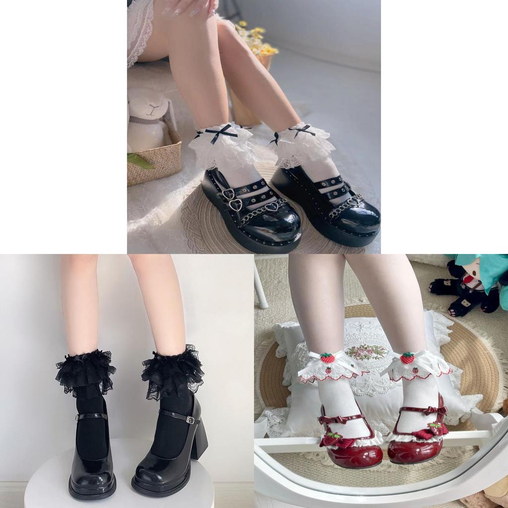 Lolita Cotton Socks With Lace Ruffle Bow For Girls Spring Casual Wear
