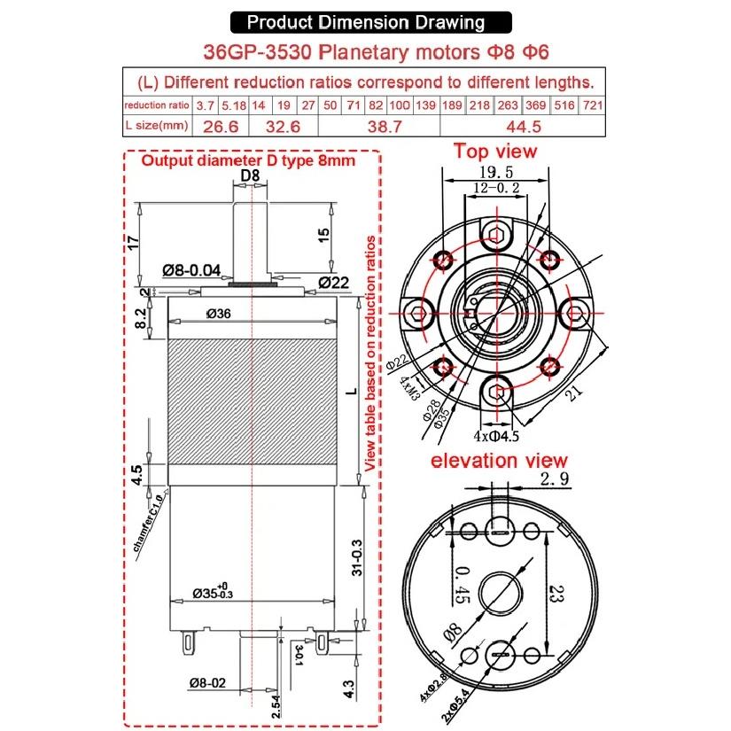 36mm Planetary Gearbox High Torque DC Geared Micro Motor Speed Adjustable 36GP-3530 DC12V 24V Metal Gear 8RPM~1621RPM