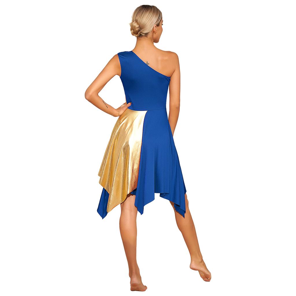 Dame metallisk tilbedelse Lovsang Dansekjole Color Block One Shoulder Uregelmessig hem Ermeløse kjoler Danseklær Performance Costume