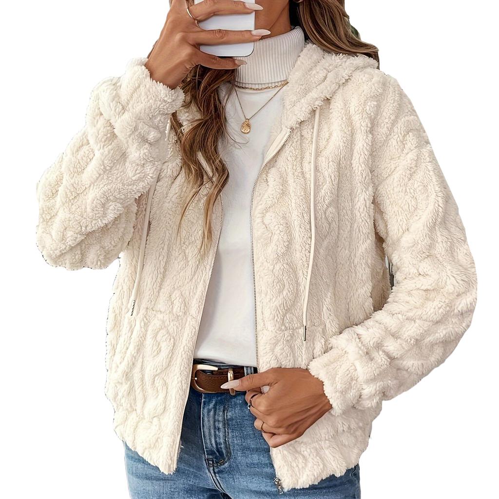 Women'S Plush Fleece Hooded Zip Up Jacket Casual Solid Color Polyester Coat Fall Winter Outerwear Adult Knitwear