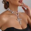 Dark Less Inlaid Pearl Necklace Ins Spice Girl Exaggerated Wind Cross Necklace