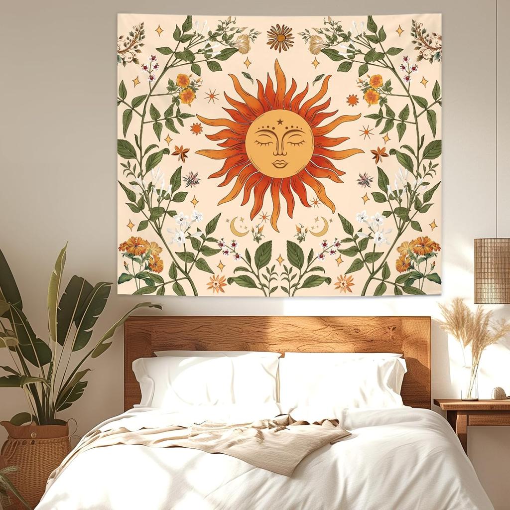Boho Sun Wall Tapestry for Bedroom, Bohemian Sun Flowers Hippie Tapestries Aesthetic, Vintage Orange Hippie Wall Hanging for Liv