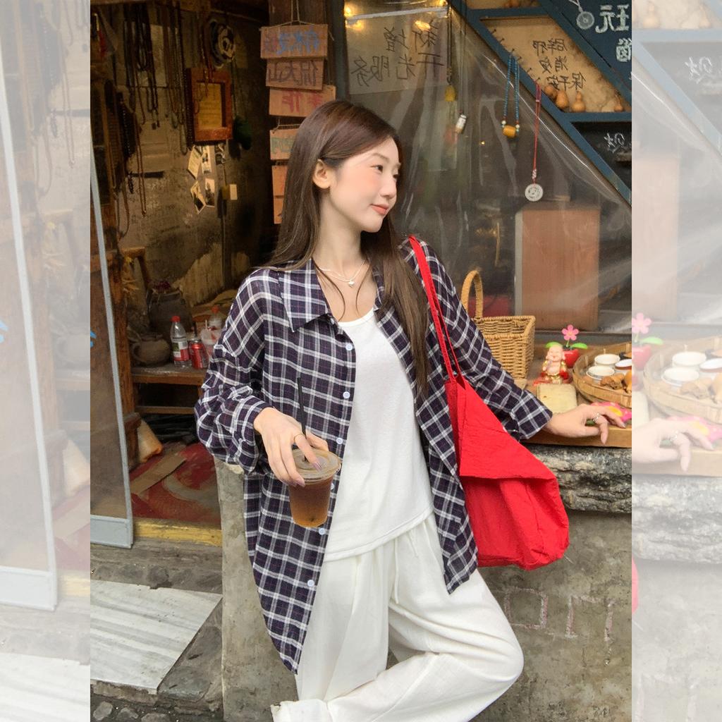 Korean retro plaid lazy style shirt long-sleeved women's autumn relaxation loose versatile and thin top