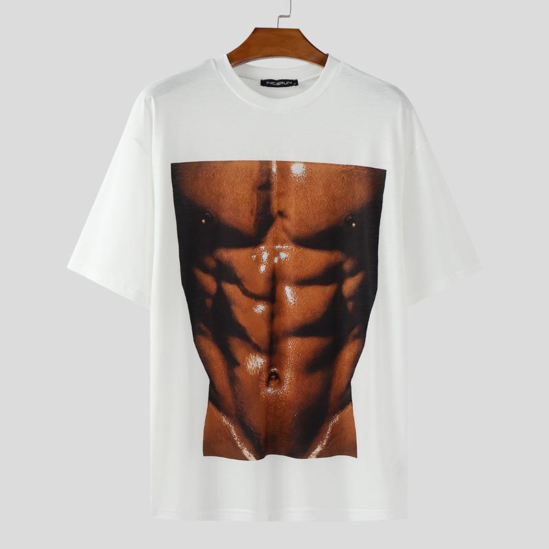

INCERUN Men O Neck Short Sleeve 3D Muscle Print Casual Loose T-shirts Tops 5XL белый