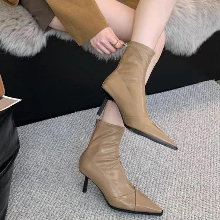 Podzimní dámské kotníkové boty na vysokém podpatku se špičatou hlavou, nové zimní tenké podpatky, chelsea boty pro ženy, šaty D519