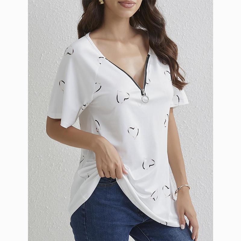 Spring Summer New Zipper Short Sleeve Shirt Women Tops Casual Love Print Pullover T-shirt Woman Fashion Elegant Loose Lady Blouse 24145