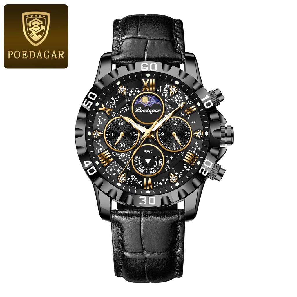 POEDAGAR Original Military Man Wristwatch Waterproof Luminous Chronograph Leather Strap Watches for Men Quartz Watch Reloj