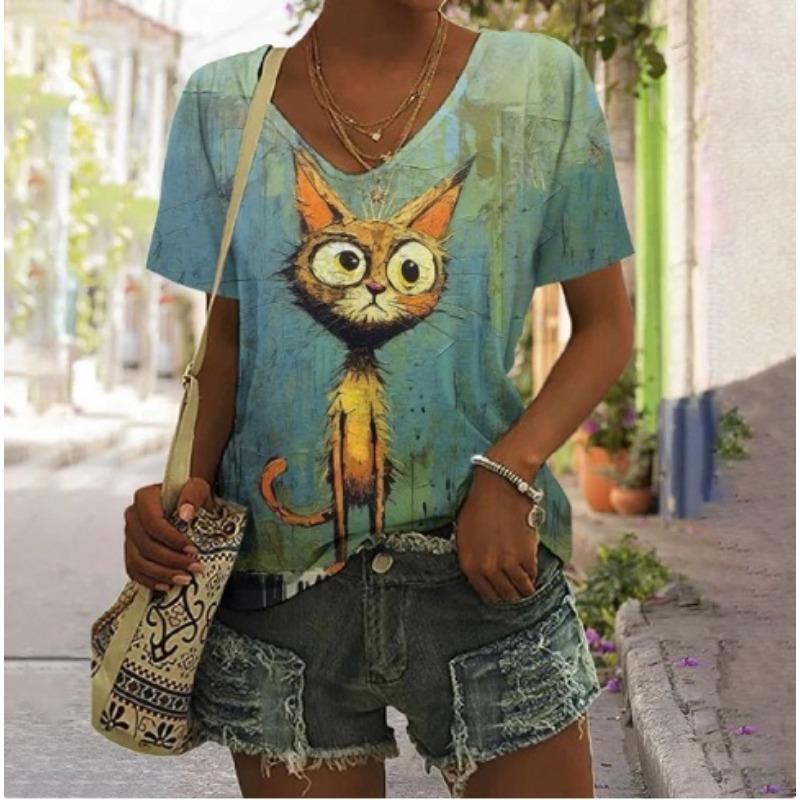 Summer V-neck 3D Animal Flower Printed Top Fashionable Casual Short Sleeved Women's T-shirts