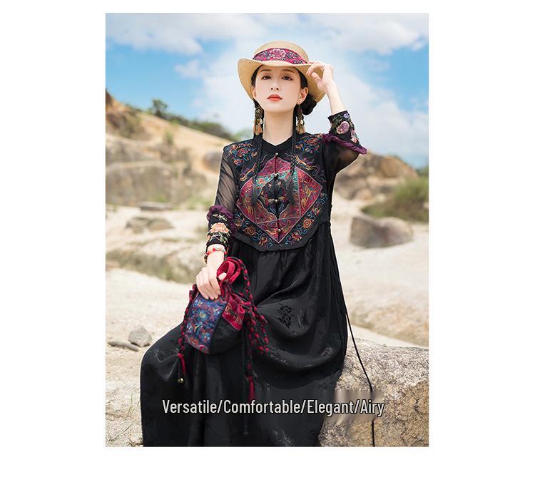 2025 Women's Ethnic Satin Jacquard Embroidered Vest Dress with Stand Collar