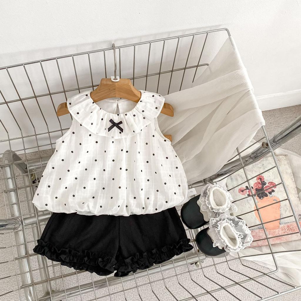 Mädchen Sommer Gepunktetes Trägertop und Shorts Set mit Schleife