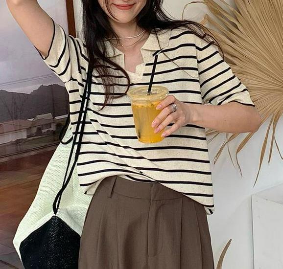 Women's Knitted Ice Silk Striped V-Neck Short Sleeve T-Shirt, Hong Kong Style, Summer 2025 Korean Fashion