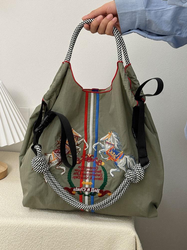 Large Capacity Women's Embroidered Foldable Tote & Crossbody Nylon Handbag