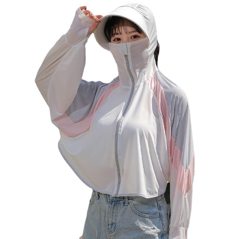 Chaqueta de Verano para Mujer de Seda de Hielo Patchwork Colorblock Protección Solar Ligera con Capucha Abrigo UV para Ciclismo, Ropa Exterior Transpirable Protector Solar