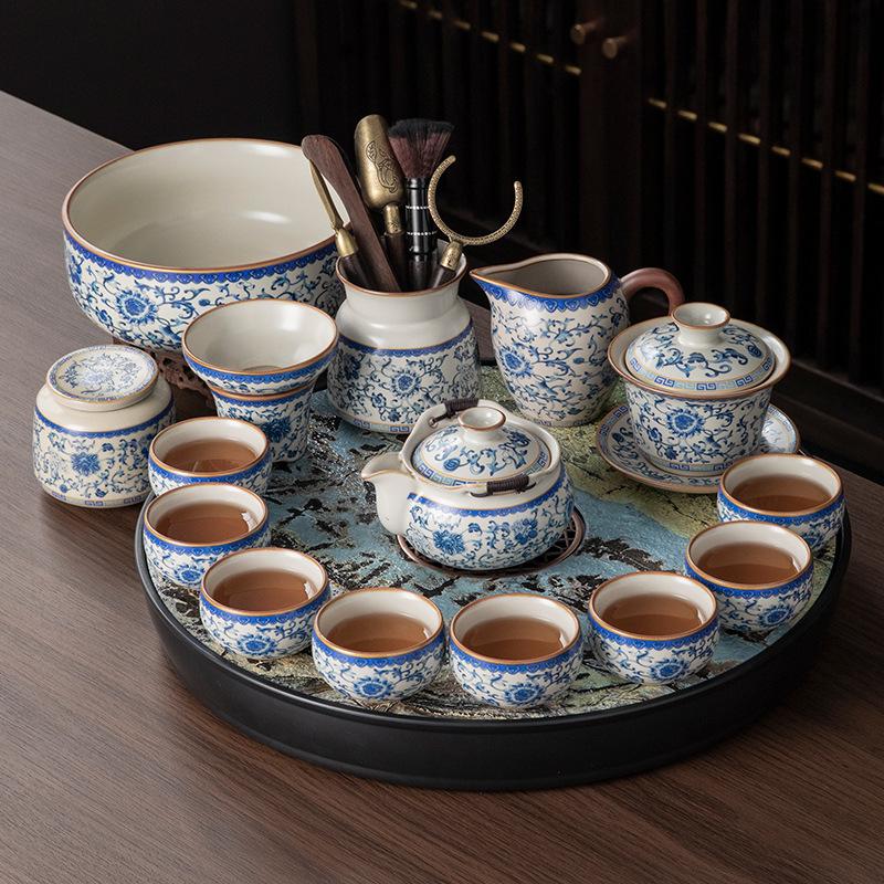 

Small apartment household Ru kiln ceramic kung fu tea set, a complete set of office teapot, teacup, tea tray set