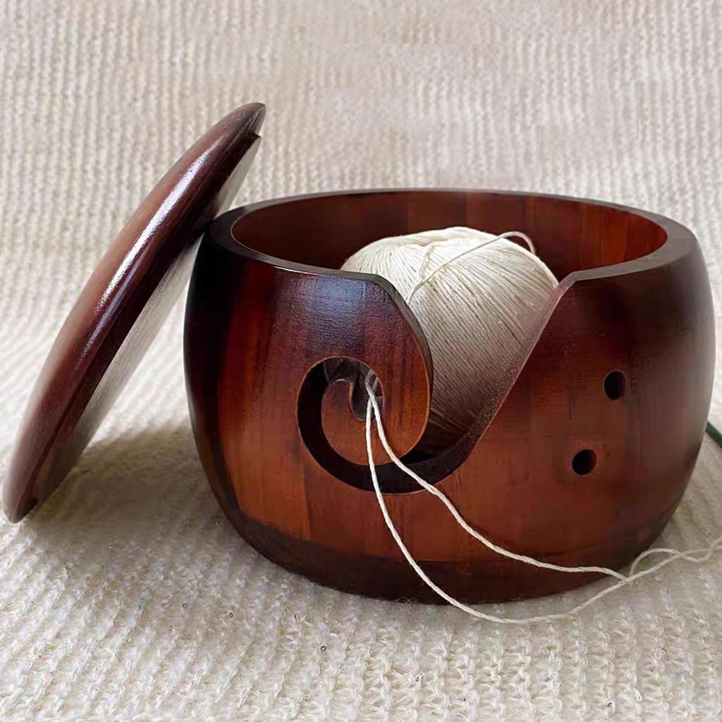 EdisonBrain Yarn Bowl with Made of Pine for Yarn and Sewing Lid, Wood, Dustproof, Knitting, Crocheting, Storage, (Brown)