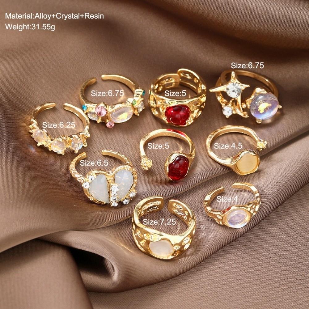 Tiger Eye Inlaid Crystal Ring Set Gold Plated Finger Open Rings Set New Geometric Rings Set Women