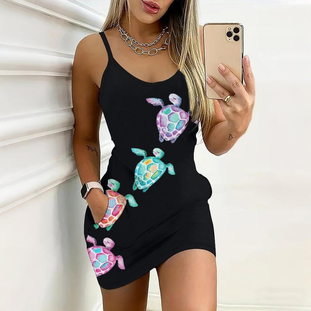 Letní nový styl Bodycon šaty bez rukávů s potiskem mořské želvy a kapsami Sexy úzký střih Elegantní společenské šaty