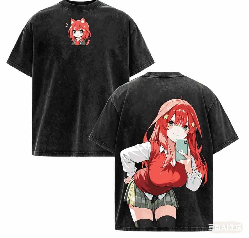 Stylish Washed Black Oversized T-Shirt with Itsuki Nakano Chibi and Manga Prints from The Quintessential Quintuplets