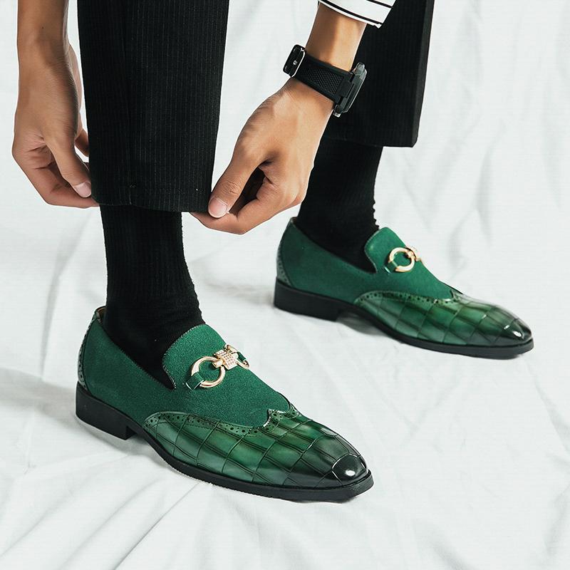 Autumn Green Loafers Men Slip-on Nubuck Leather Luxury Brand Thick Bottom Pointed Toe Fashion Designer Leather Shoes Casual