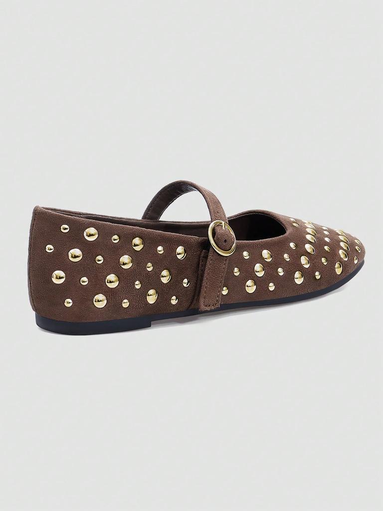 Brown Square Toe Mary Jane Flats with Large & Small Sequin Decorations and Single Strap Buckle