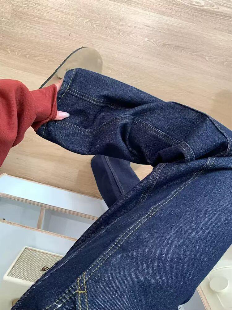Plus Size Retro Dark Blue Wide-Leg Jeans for Women - Autumn/Winter Drapey Mop Pants