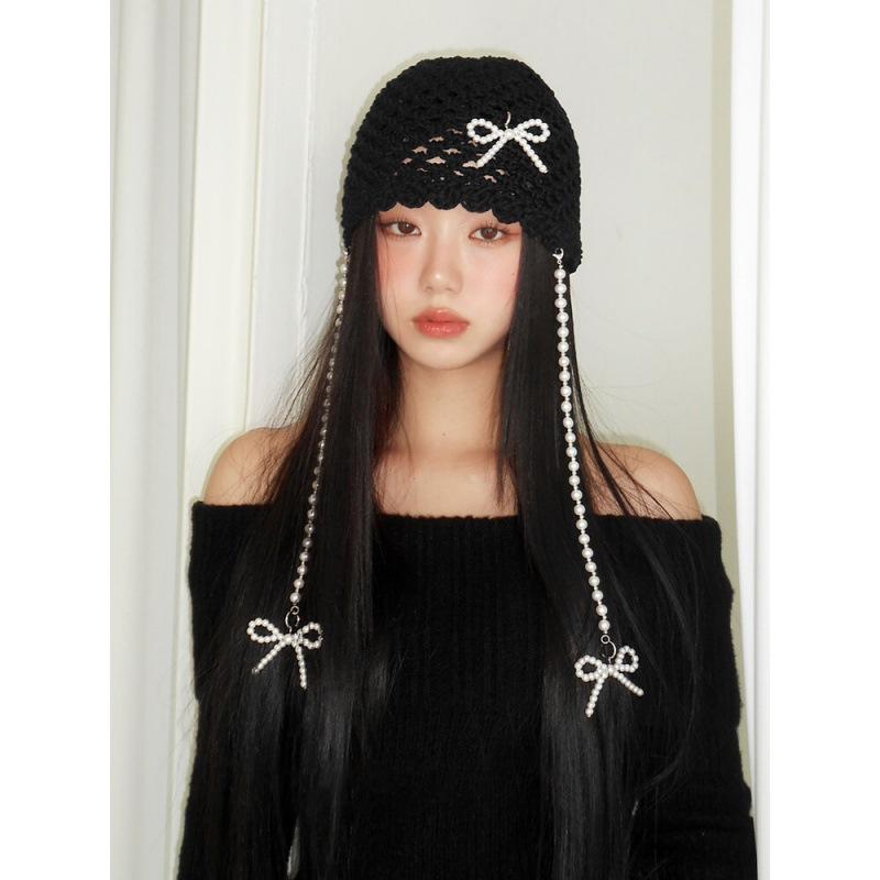 Pearl Bow, Hollow Knitted Wool Cap, Korean Version, Ins, Wrap Cap, Fashion, Hat, Versatile, Show Face Small